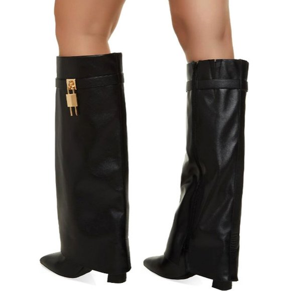 New Black Lock Fold Over Chunky Heel Knee High Boots - Picture 5 of 5